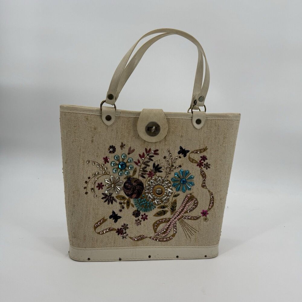 Vintage 60s Jewel Tone Wood Tote Handbag Collins Style Purse Floral Bucket - Picture 2 of 13